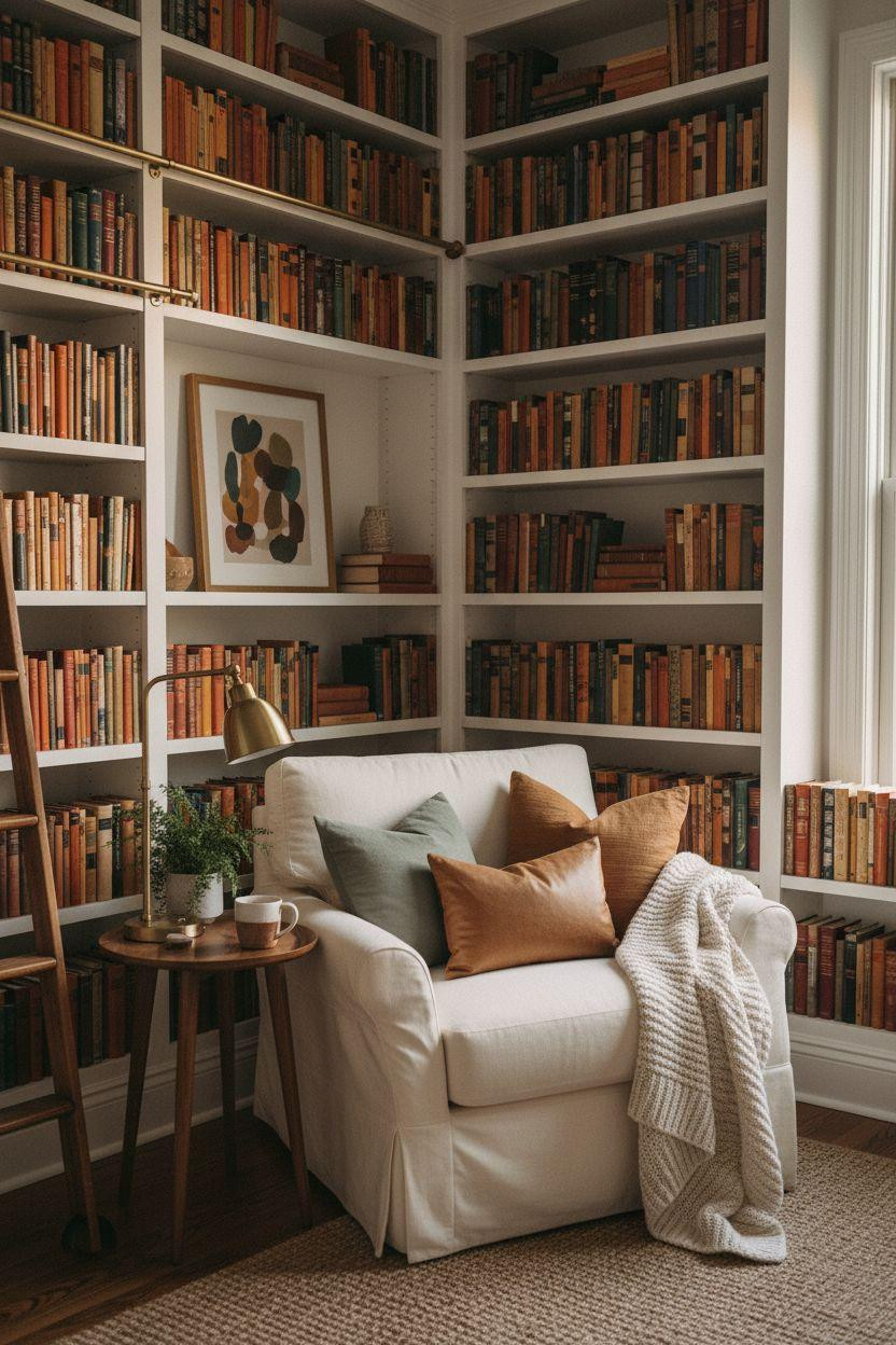 Small Home Library Ideas - white built-in bookshelves with cream reading chair