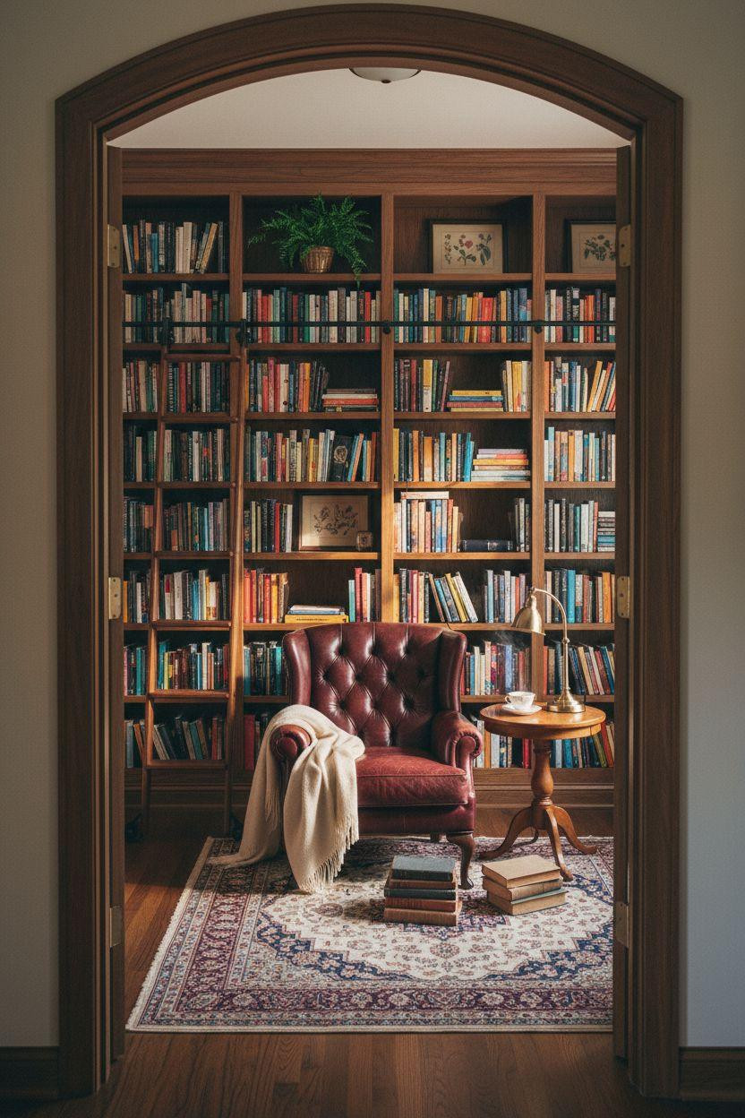 Small Home Library Ideas - doorway view of walnut library