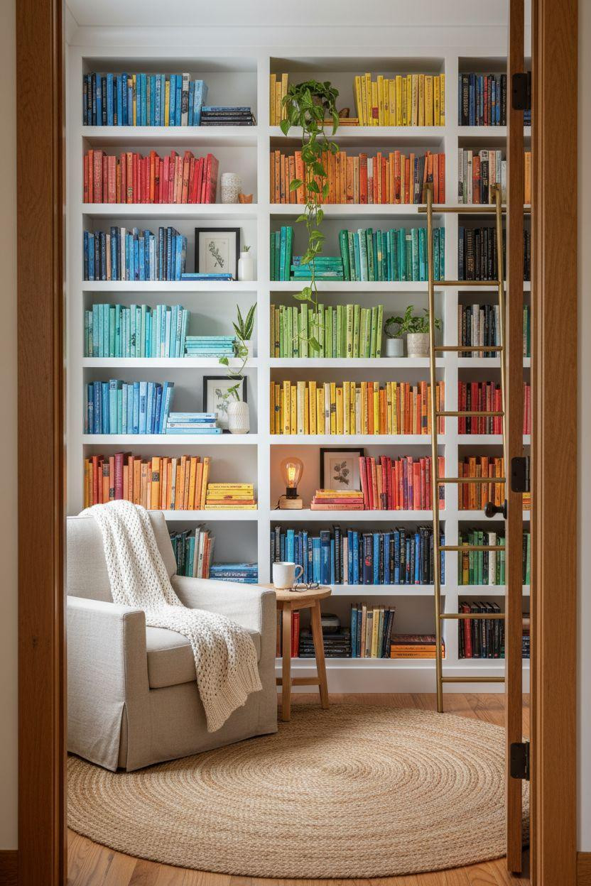 Cozy Home Library Ideas bright white with colorful books