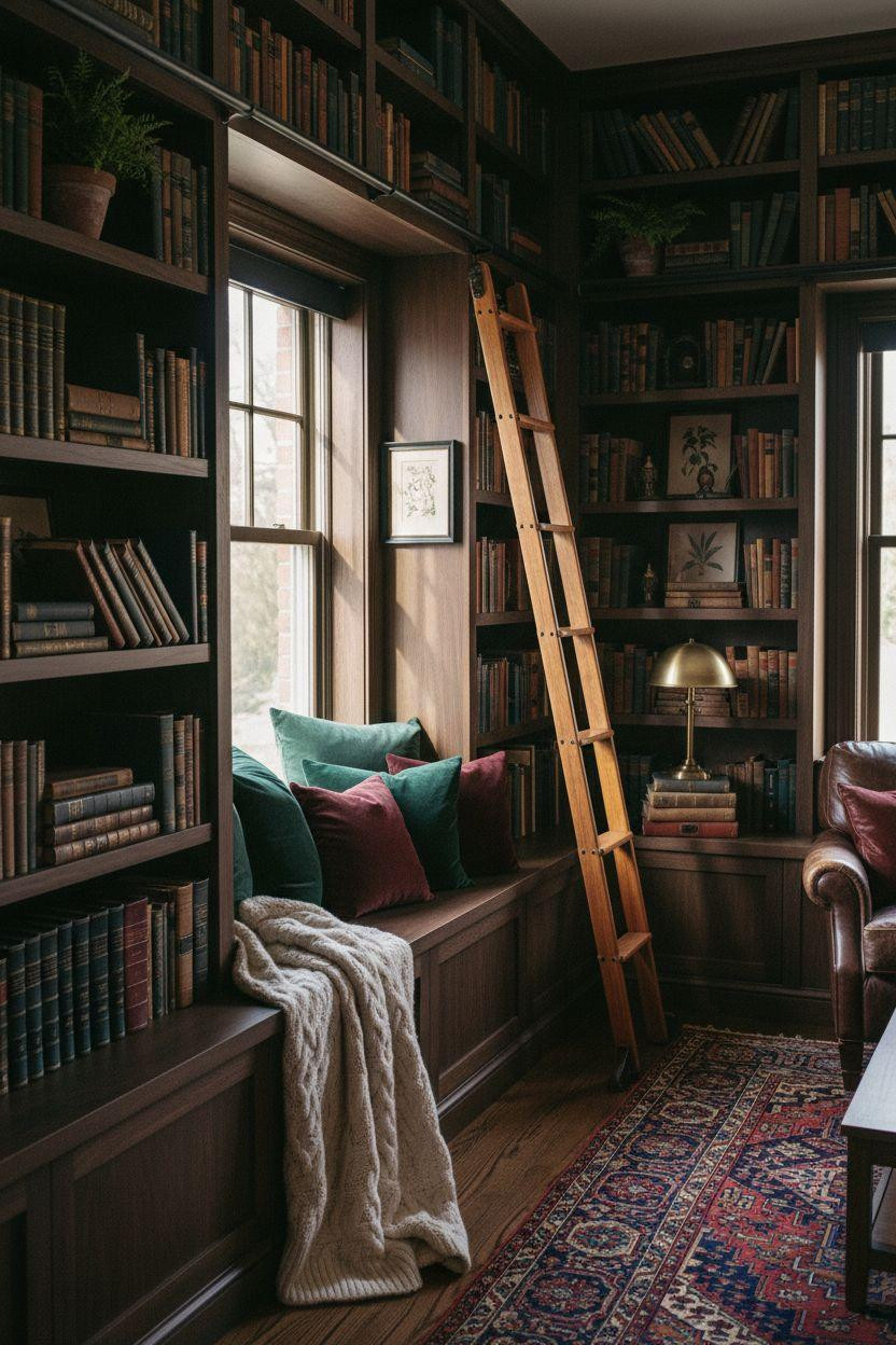 Home Library Rooms Ideas - compact library with built-in window reading nook