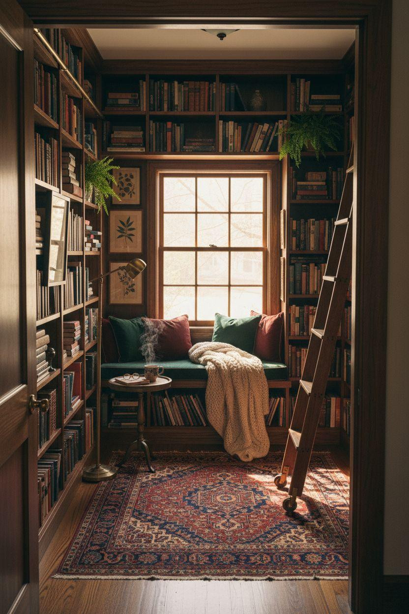 Cozy Home Library Ideas for small spaces with window seat