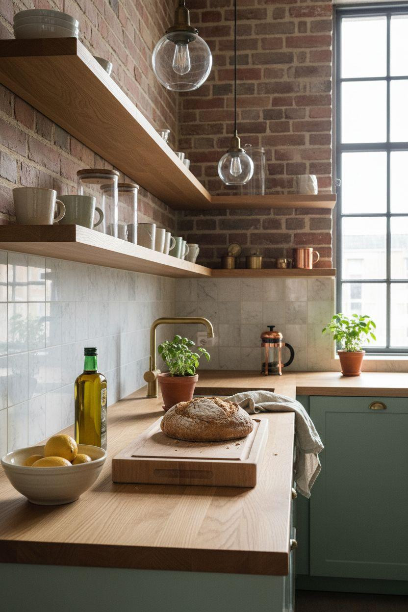 Small kitchen with sage green and oak butcher block