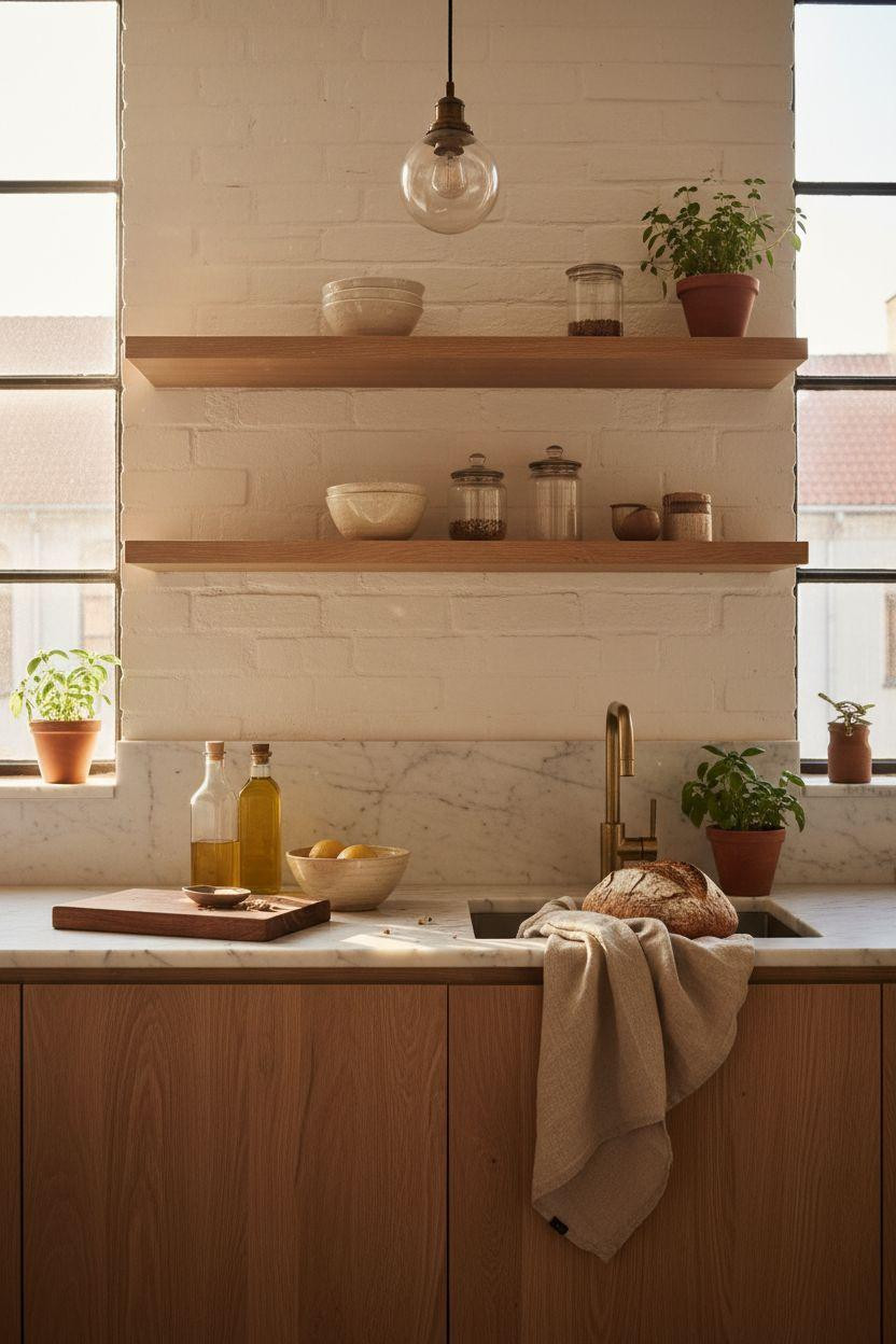 Small kitchen with warm oak and marble counter