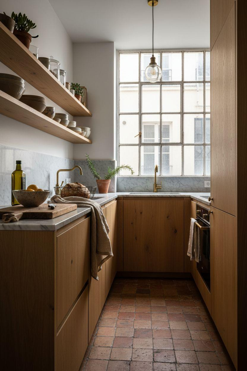 Small kitchen tight galley with reclaimed wood and brass