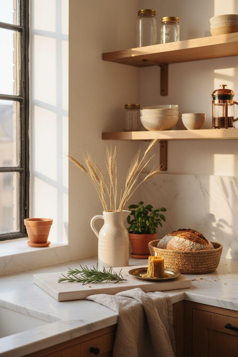 Small kitchen vignette with brass tray and beeswax candle