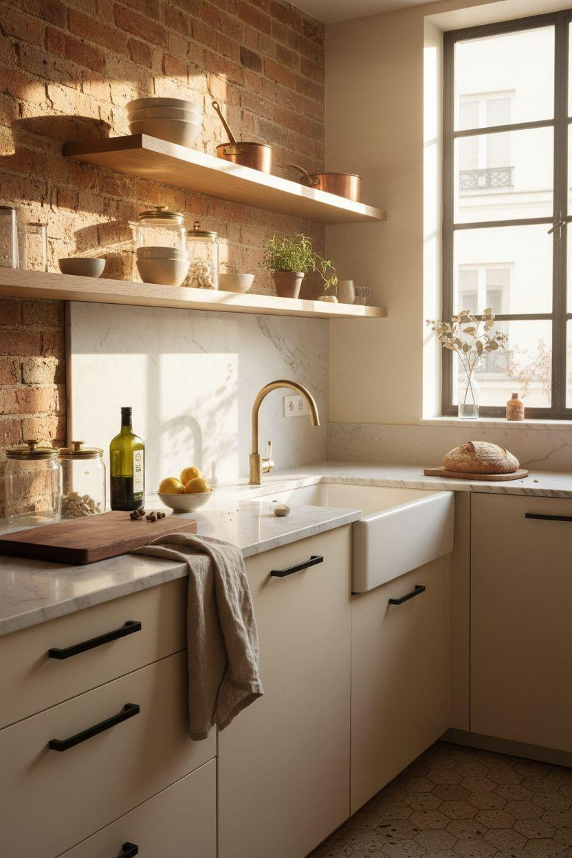 Small kitchen with black hardware and ivory cabinets