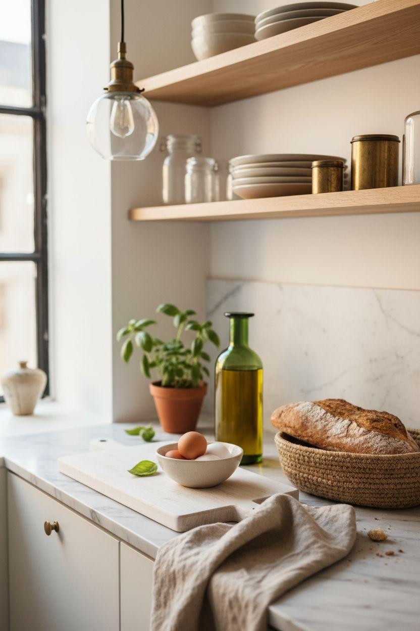 Small kitchen close-up with marble counter and artisan bread