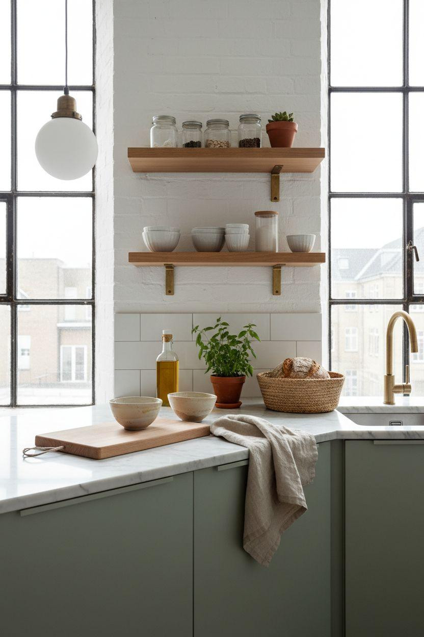 Small kitchen with sage cabinets and white marble counter