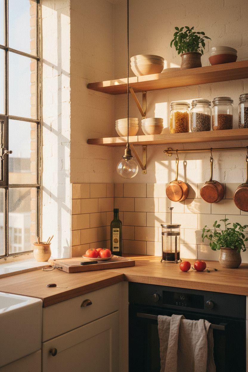Small kitchen with exposed brick and honey oak shelves