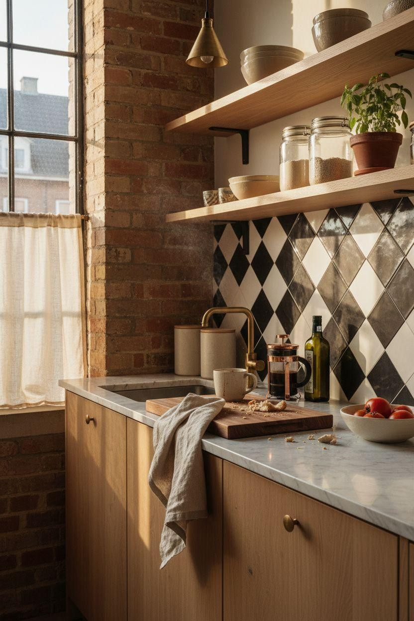 Small kitchen with diamond tile pattern and oak shelves