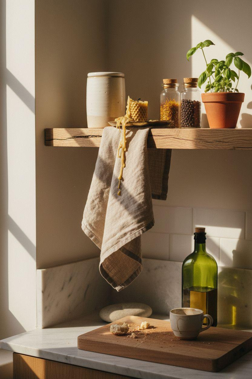 Small kitchen vignette with reclaimed oak shelf and brass accents