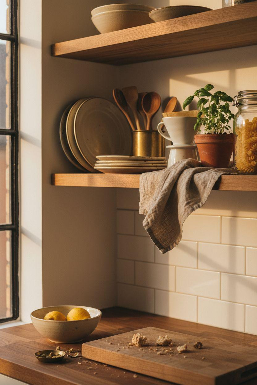 Small kitchen shelf close-up with ceramics and brass