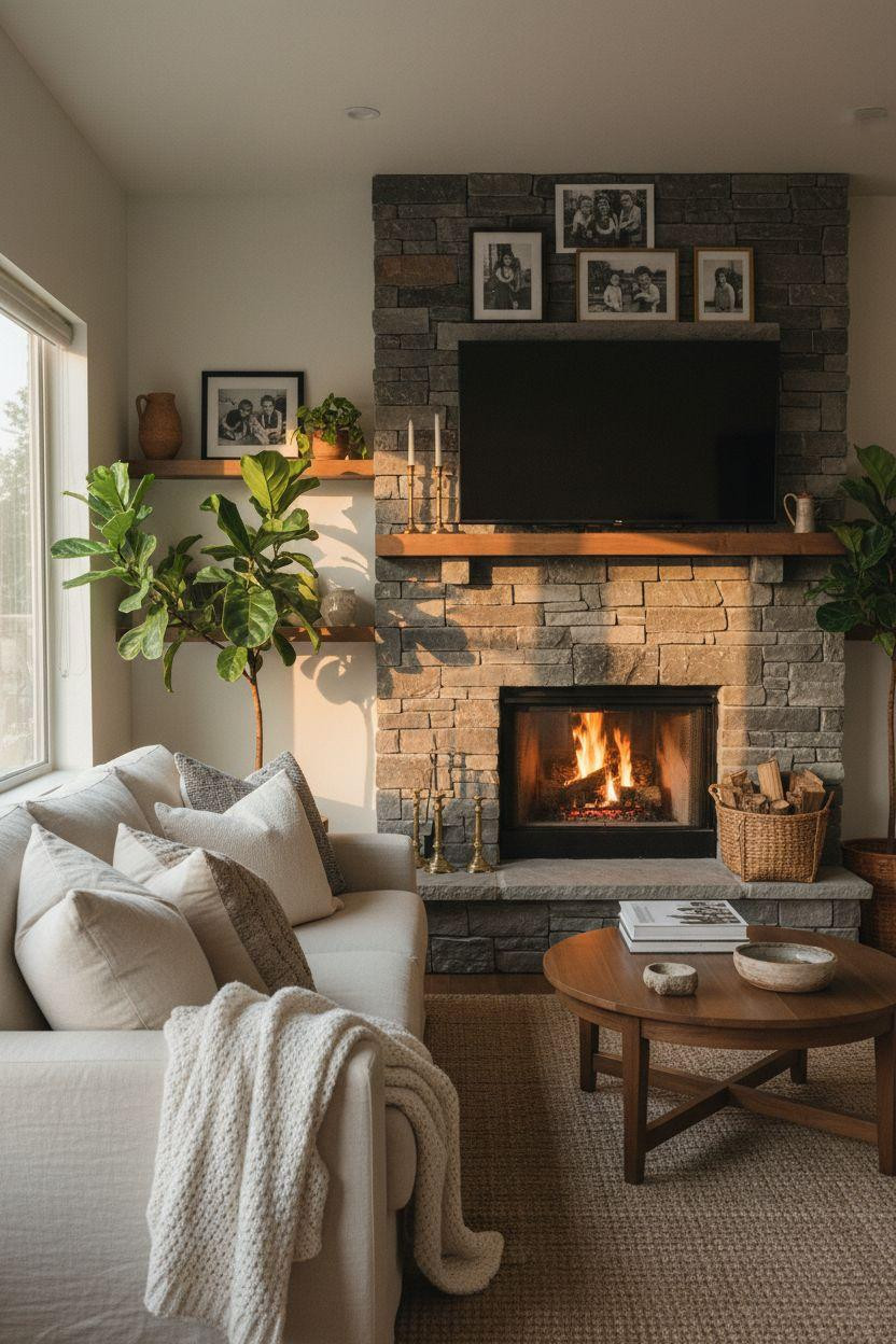Small living room layout with cream sofa facing corner stone fireplace