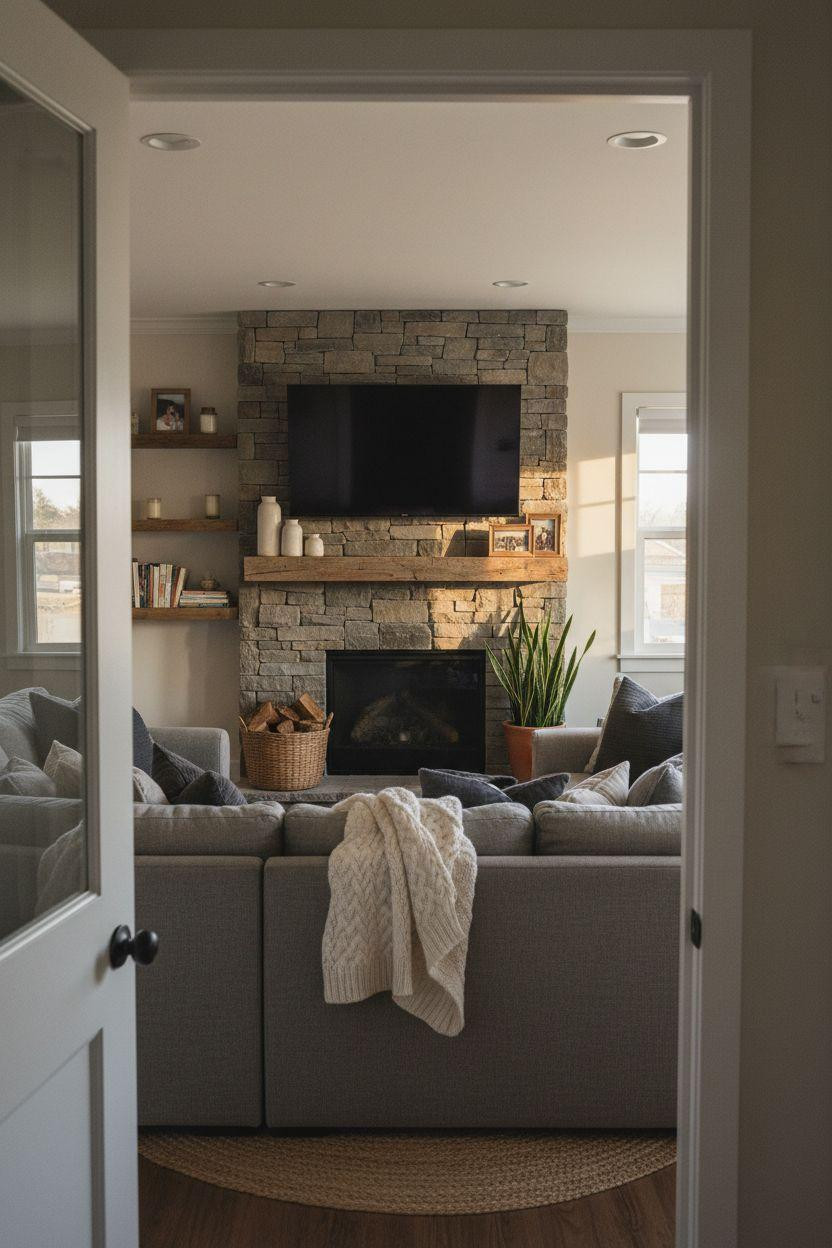 Small living room with TV above corner fireplace and gray sofa