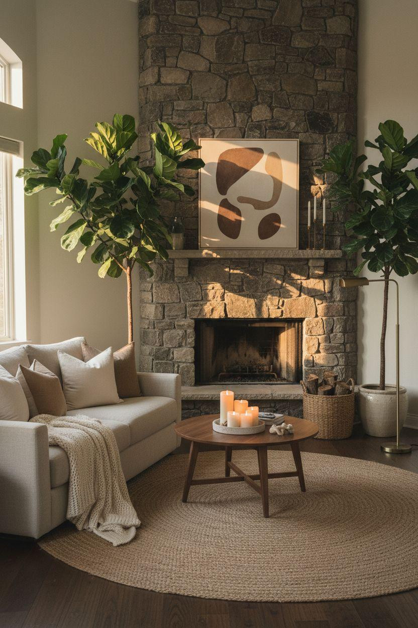 Corner Fireplace Living Room Layout with natural stacked stone in compact space