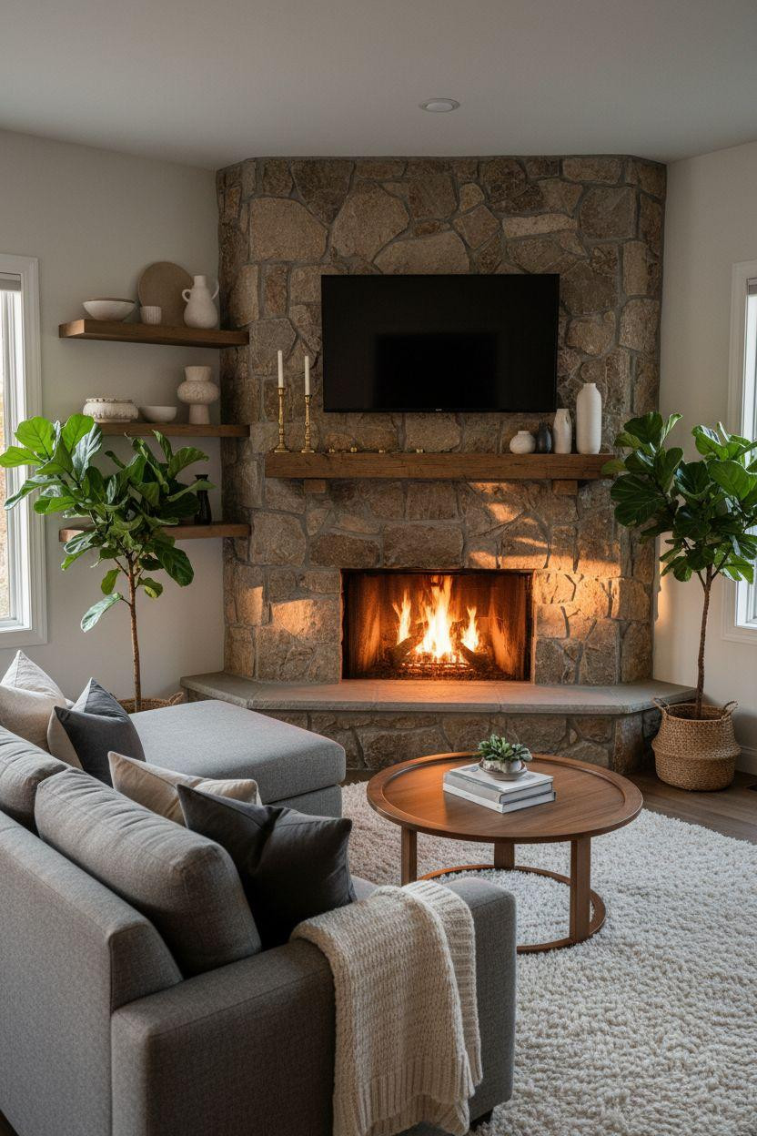Cozy living room with angled corner stone fireplace and gray sofa
