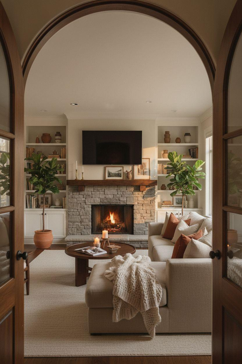 Corner Fireplace Living Room Layout with stone surround and white shelving