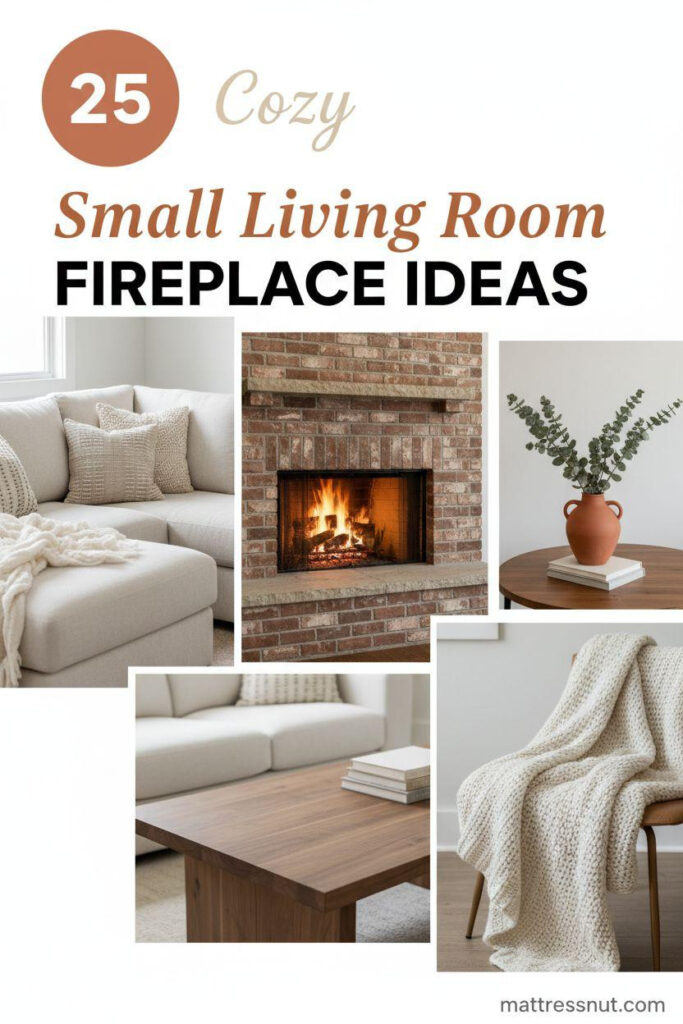 Pinterest board cover collage with terracotta orange badge featuring '25', elegant 'Cozy Small Living Room' text overlay, and 'FIREPLACE IDEAS' in bold caps. Includes cream linen sofa, brick fireplace, terracotta vase with eucalyptus, walnut coffee table, and ivory throw on cloud white background for modern cozy aesthetic.