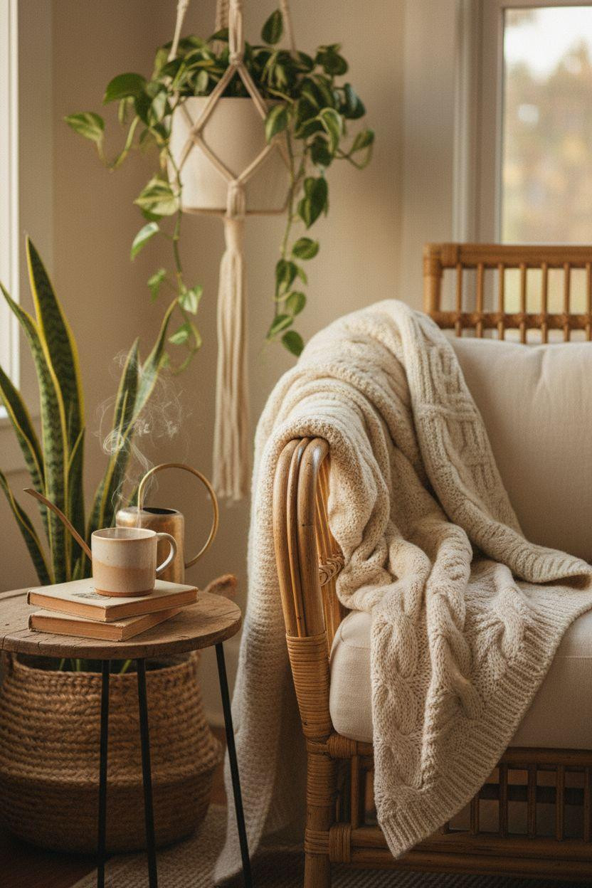 Sunroom ideas closeup of rattan chair with cable knit throw