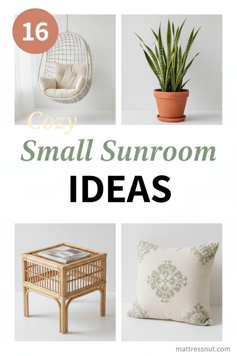 Pinterest board cover collage with terracotta circular badge showing '16', layered text 'Cozy' in cream script, 'Small Sunroom' in sage green italic, 'IDEAS' in bold black caps; visuals include white wicker hanging chair with cream cushion, potted snake plant in terracotta pot, rattan side table with magazine, ivory linen pillow with sage embroidery on cloud white background.