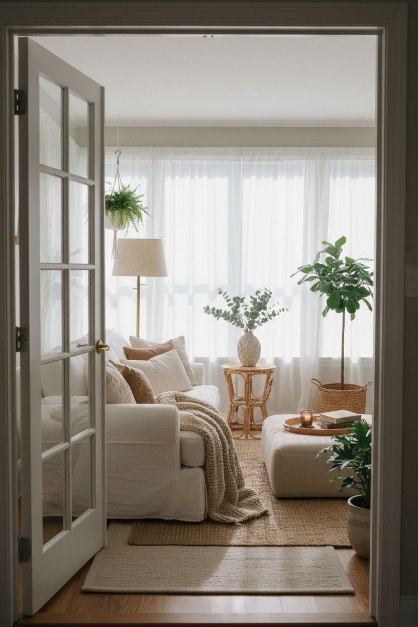Small sunroom ideas with cream loveseat and natural tones