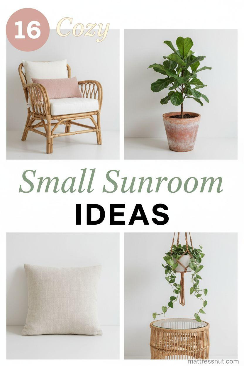 Collage of cozy small sunroom elements including rattan armchair with cream cushion, fiddle leaf fig in terracotta pot, ivory linen pillow, glass-top wicker table, and macrame holder with trailing pothos, arranged in 2x2 grid on clean white background with blush pink badge and overlaid text in cream cursive, sage italic, and bold black caps.