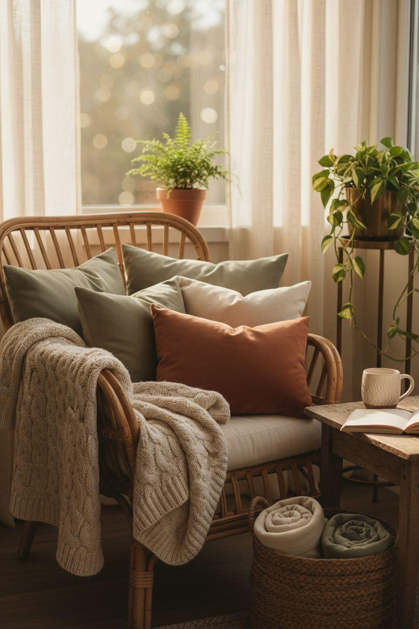 Small sunroom ideas with rattan armchair and layered textiles