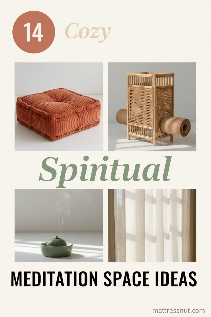 Pinterest board cover collage with terracotta badge showing '14', overlaid text 'Cozy' in cream cursive, 'Spiritual' in sage green italic, and bold 'MEDITATION SPACE IDEAS'. Features 2x2 grid of terracotta velvet meditation cushion, woven rattan yoga mat holder, sage green ceramic incense holder with smoke, and cream linen curtains on ivory background.