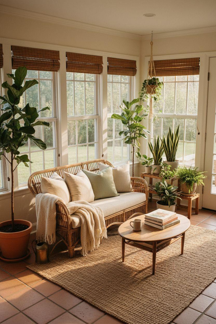Sunroom ideas with terracotta tiles and abundant greenery