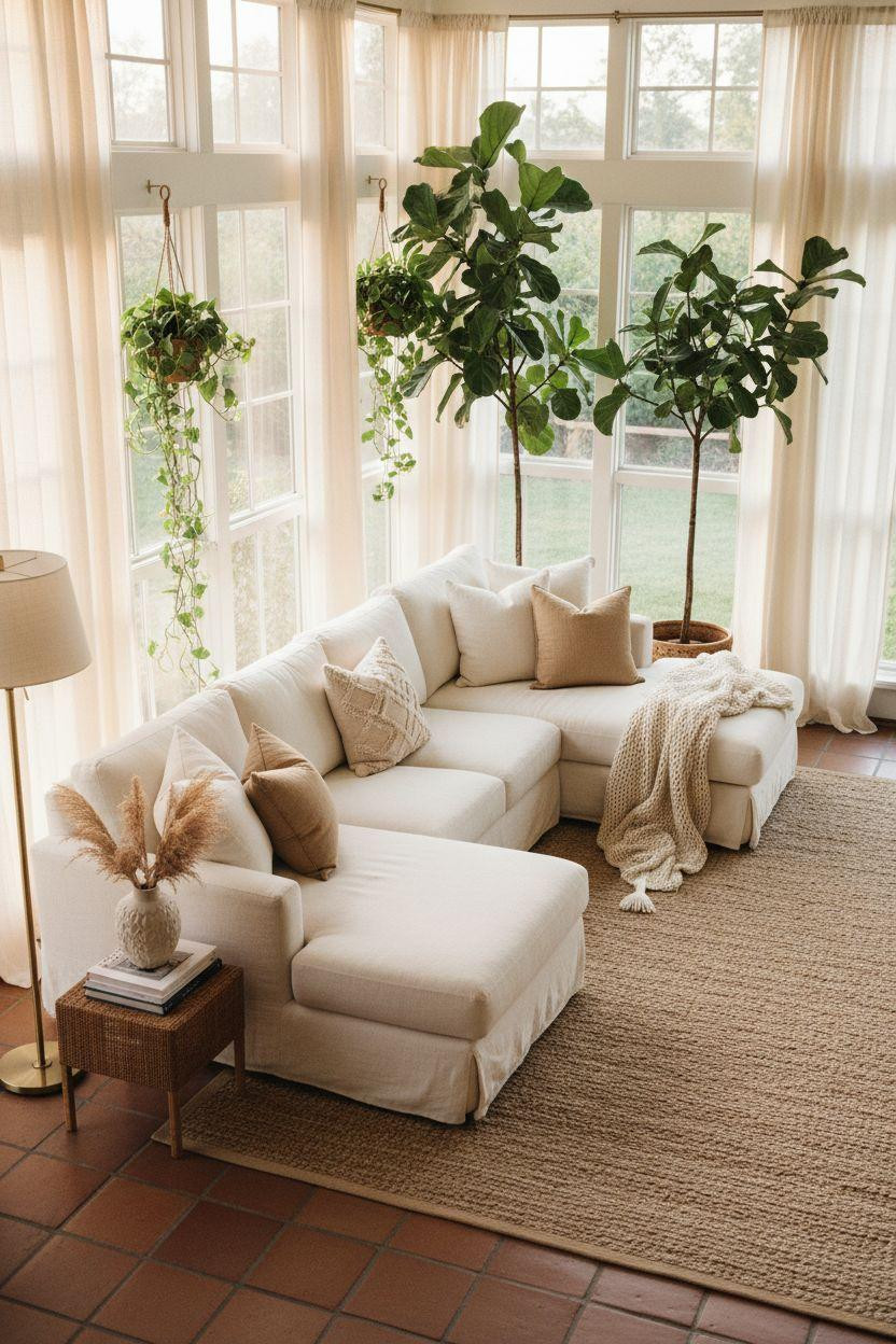 Sunroom ideas with neutral palette and pampas grass