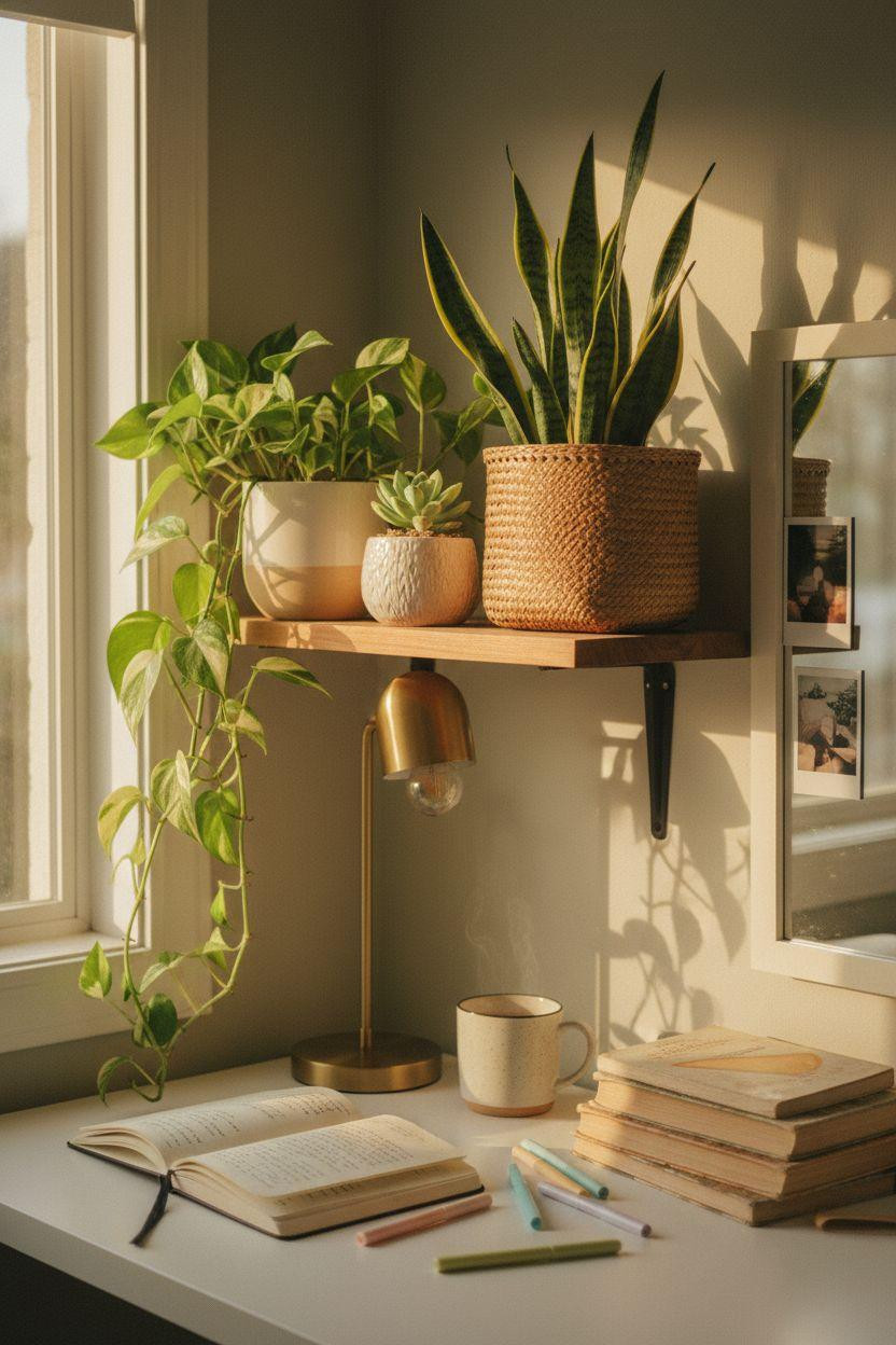 Cozy Teen Bedroom Ideas - desk corner with trailing plants
