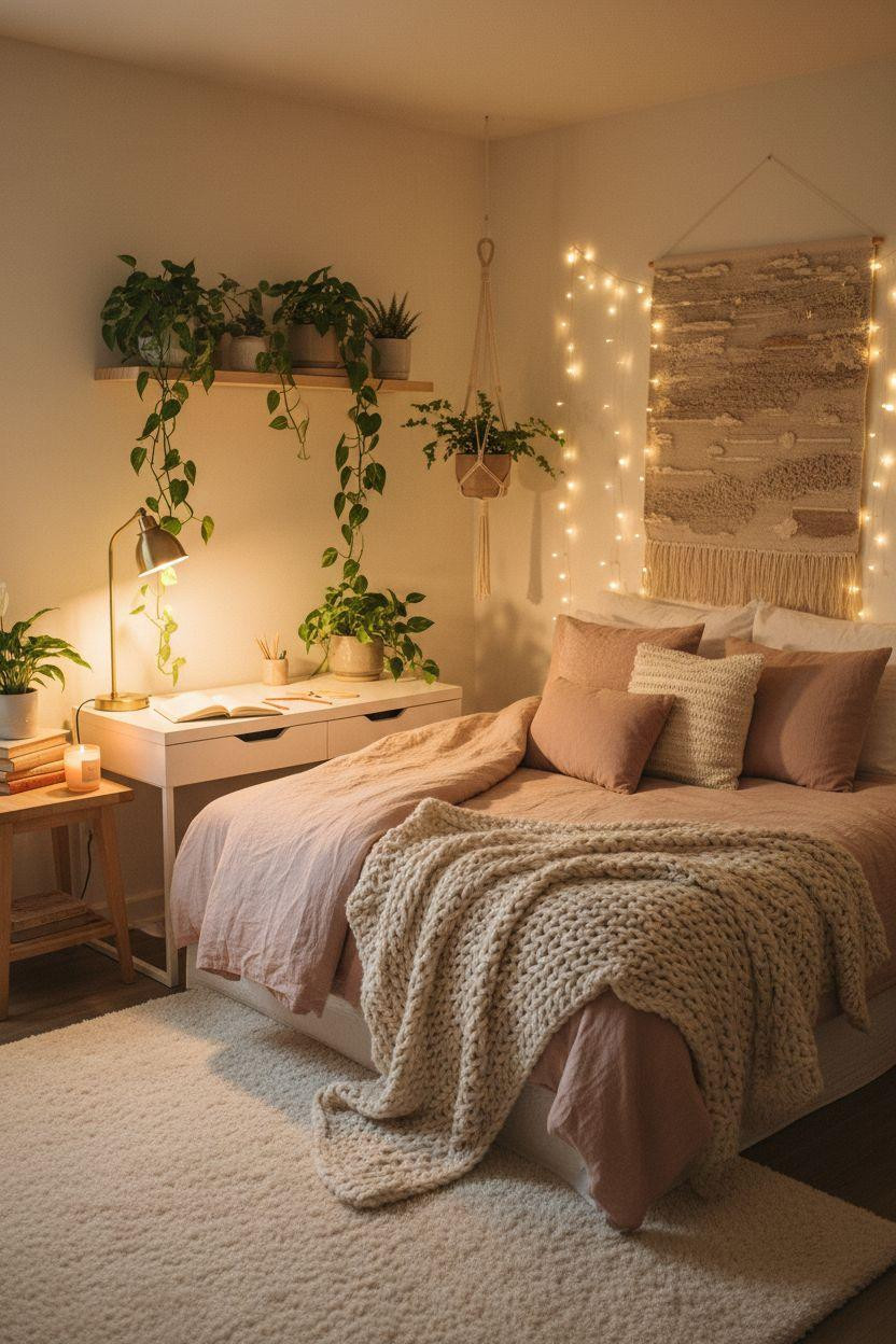 Cozy Teen Bedroom Ideas - bedroom with string lights and ambient lighting