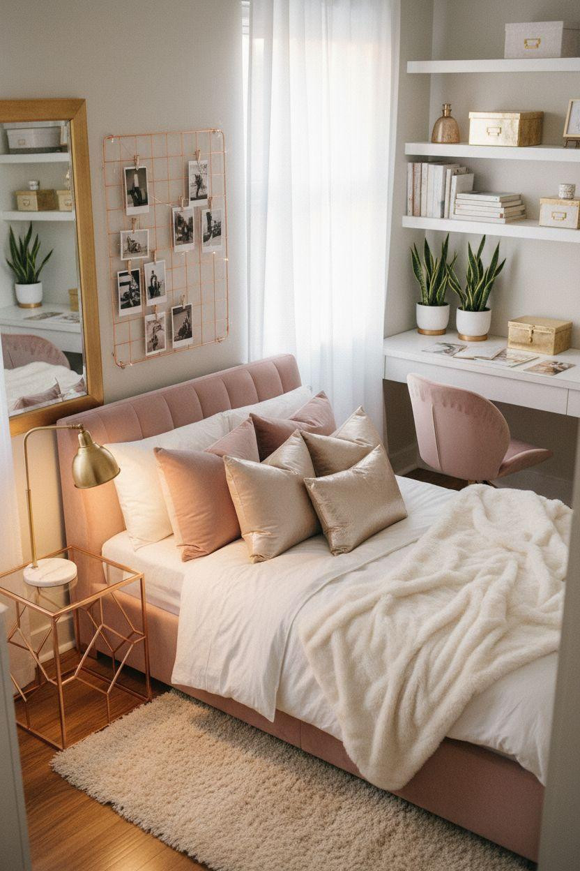 Cozy Teen Bedroom Ideas - luxurious dorm room with metallic accents