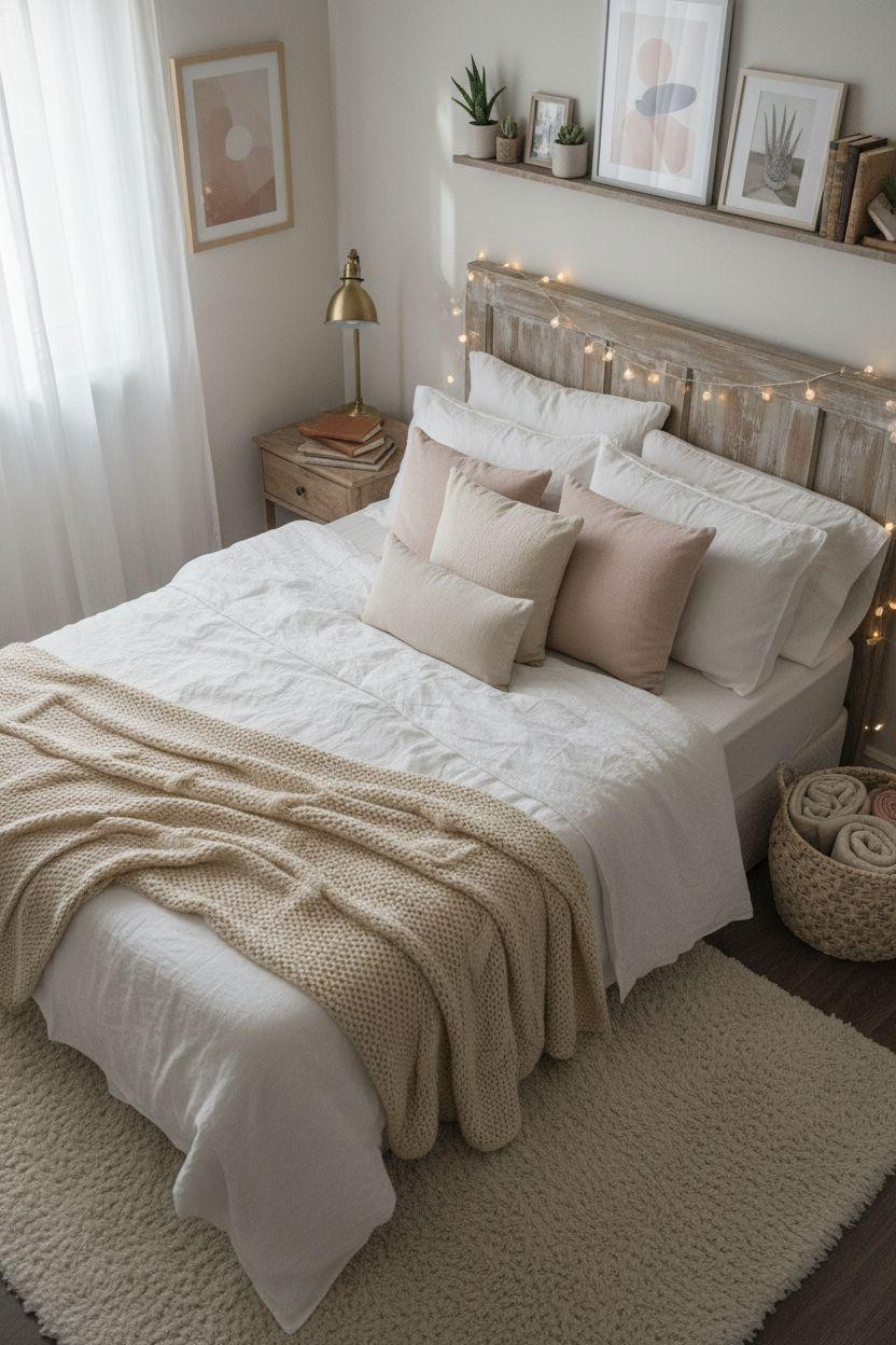 Cozy Teen Bedroom Ideas - bed with layered pillows and soft lighting