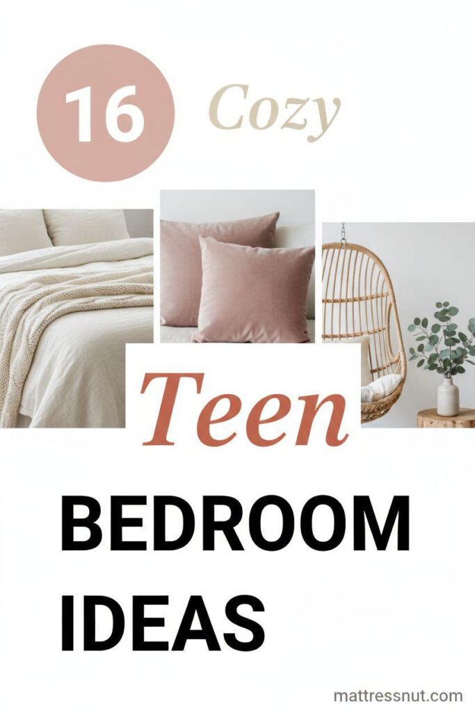 Circular soft blush pink badge with centered white '16', overlaid by three-tier text: elegant cream 'Cozy' cursive, large terracotta italic 'Teen', extra-large bold black 'BEDROOM IDEAS' caps. Magazine collage of ivory linen duvet, blush pink velvet pillow, rattan hanging chair, eucalyptus in ceramic vase, on cloud white background with natural tones.