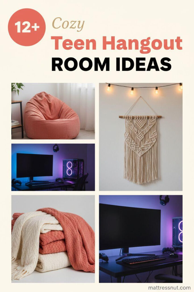 Circular coral pink badge with 12+ rating in top-left corner overlays a collage of teen room elements: plush velvet bean bag chair, draped warm string lights, LED-lit gaming setup, natural jute macrame hanging, and cozy cream-coral throw blankets arranged in a 3x2 grid on clean cream background for balanced modern casual vibe.