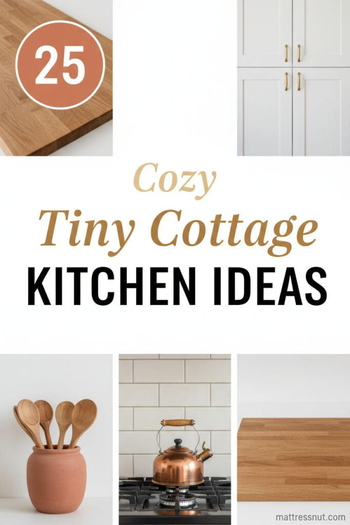 Pinterest board cover collage featuring terracotta circular badge with '25', overlaid text 'Cozy Tiny Cottage KITCHEN IDEAS' in elegant hierarchy, arranged with white shaker cabinets, butcher block countertop, terracotta crock, cream subway tiles, and copper kettle for a bohemian farmhouse aesthetic on cloud white background.