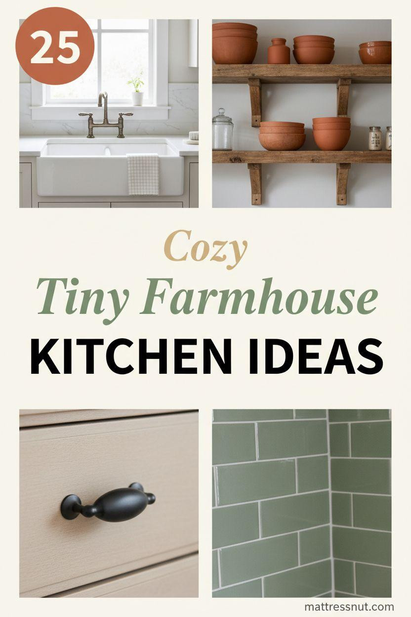 Pinterest board cover collage showcasing vintage apron-front sink, rustic oak shelving with terracotta pottery, matte black cabinet hardware, and sage green subway tile backsplash in a cozy tiny farmhouse style, featuring bold text overlay and circular 2025 badge on cream background.