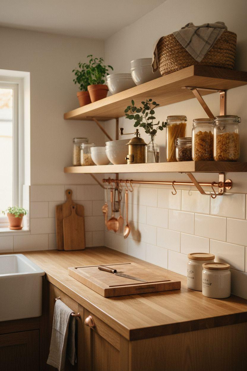 Tiny Kitchen Ideas - warm wooden open shelving with ceramic bowls and herbs