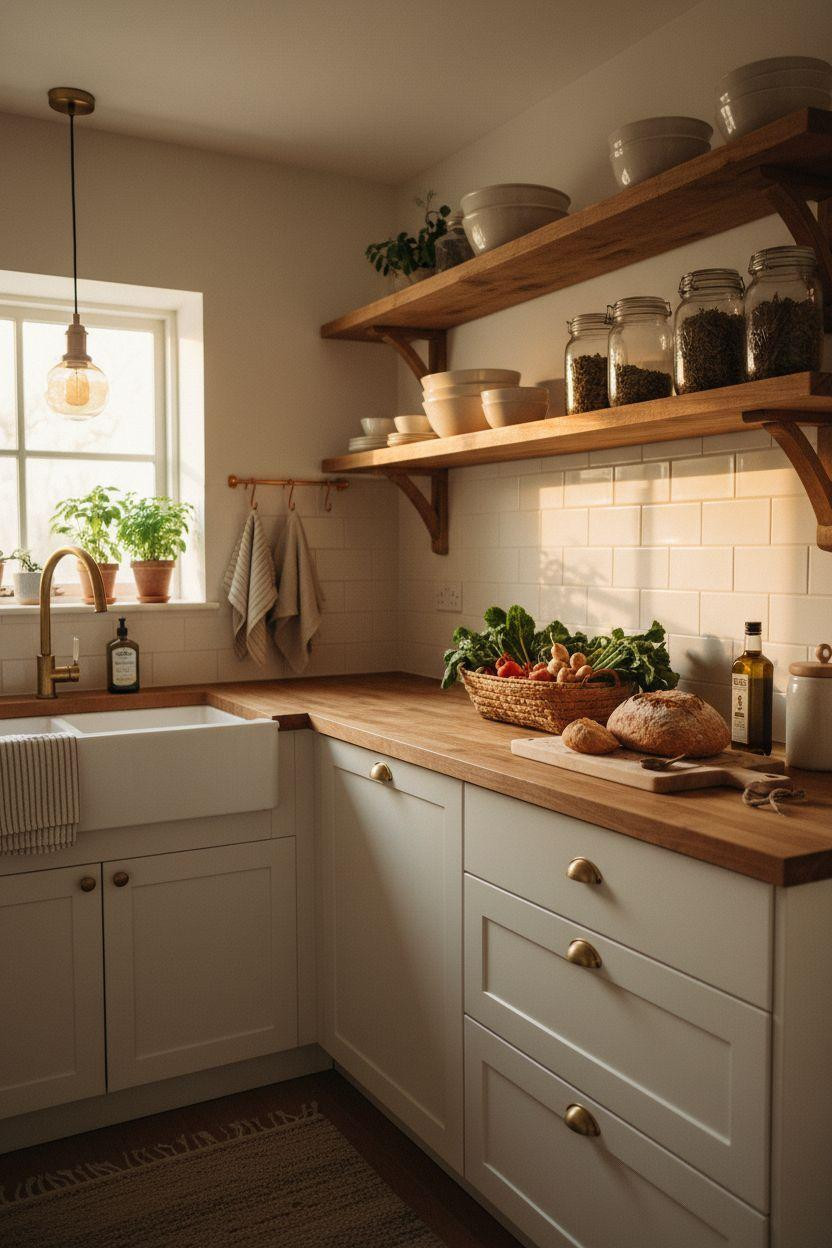 Tiny Kitchen Ideas - reclaimed wood shelves with vintage brass faucet