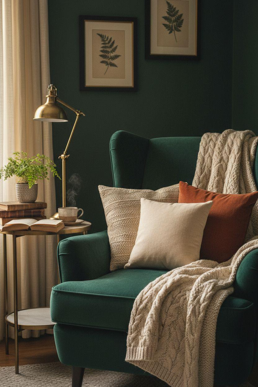 Small Home Library Ideas - emerald velvet reading chair detail