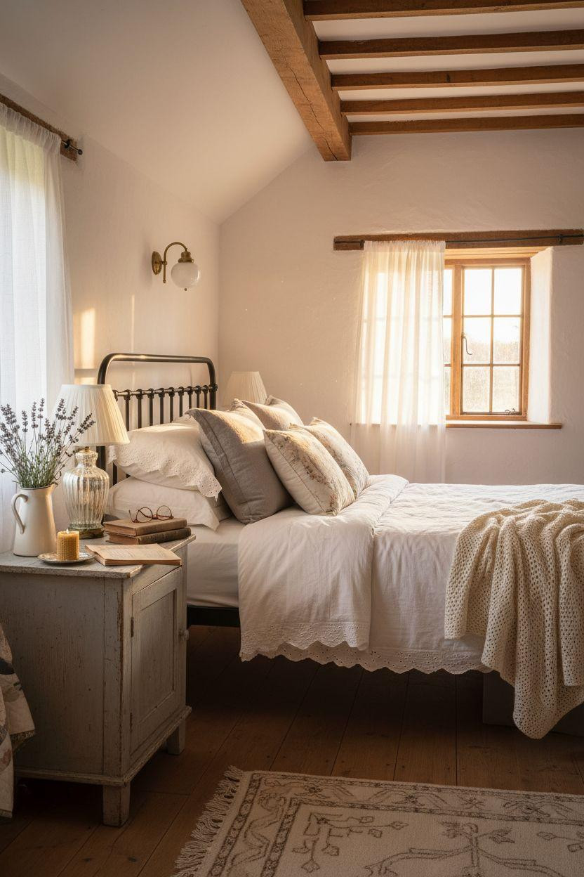 Cottage Bedroom - sheer curtains with mercury glass and brass