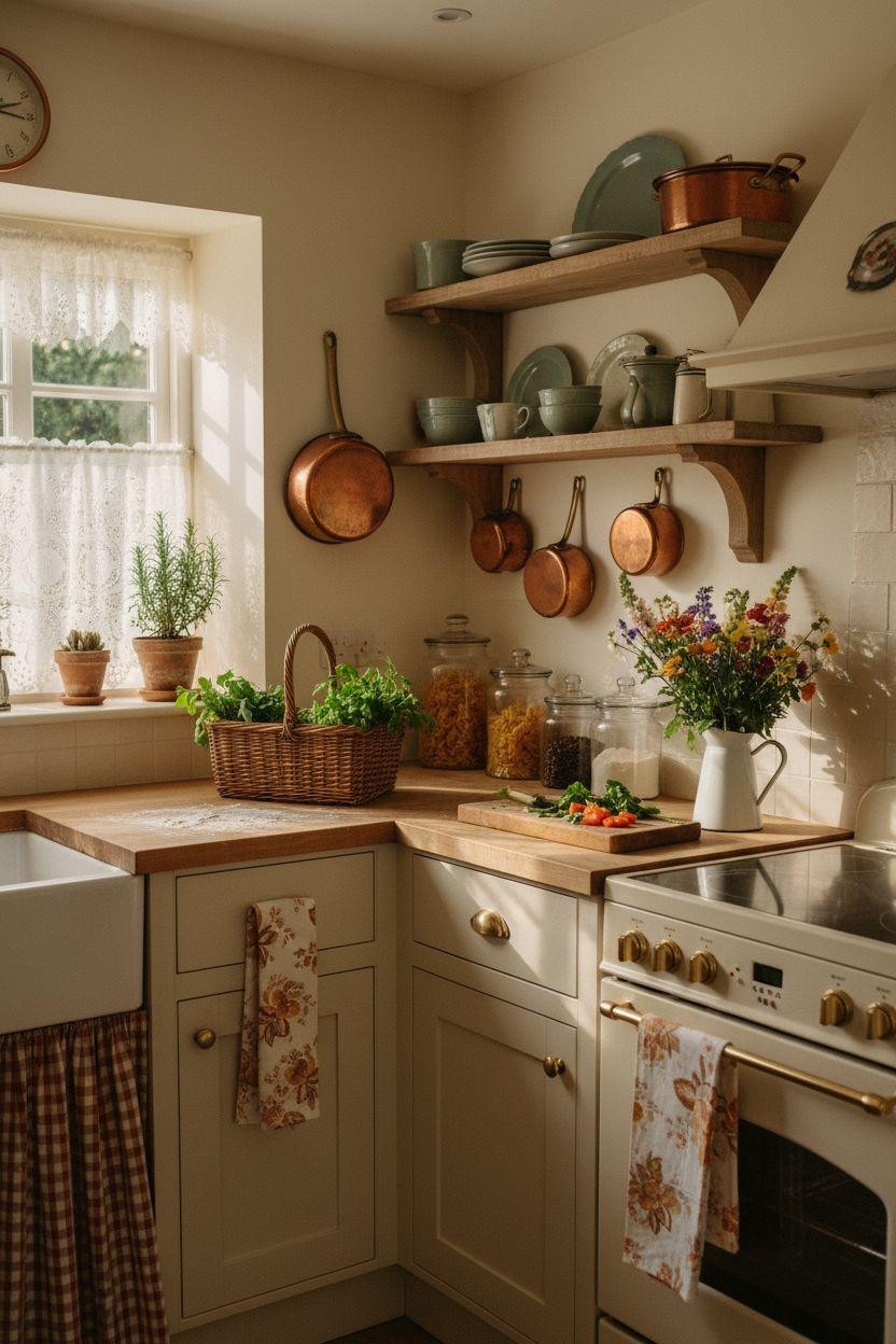 Tiny cottage kitchen with butter cream cabinets and vintage brass pulls