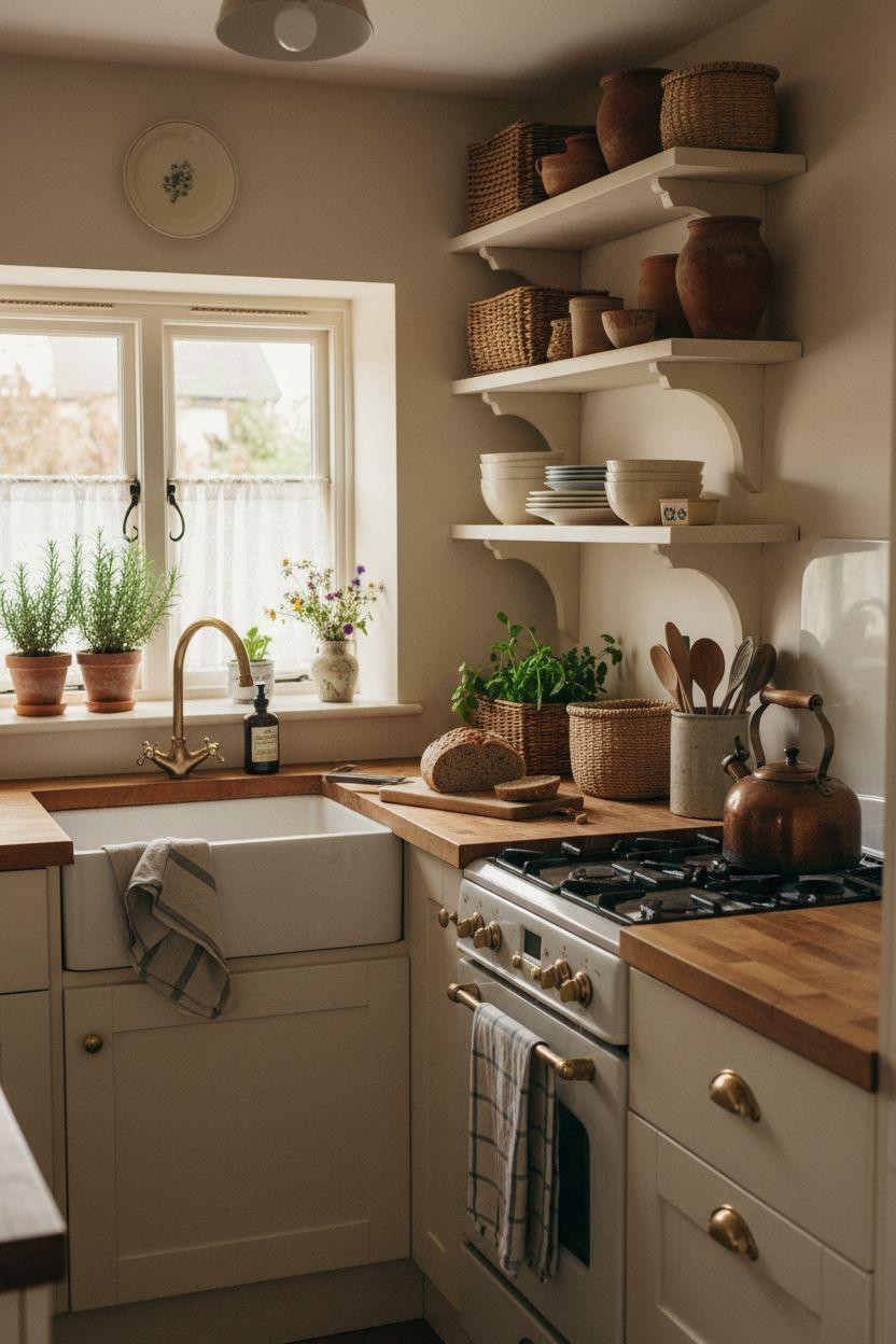 Tiny cottage kitchen with cream cabinets and wicker basket storage