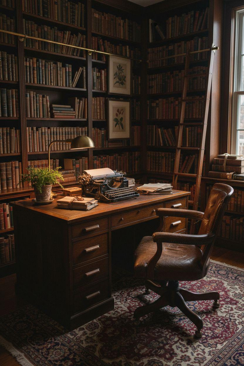 Home Library Rooms Ideas - antique desk setup with brass lamp and manuscripts