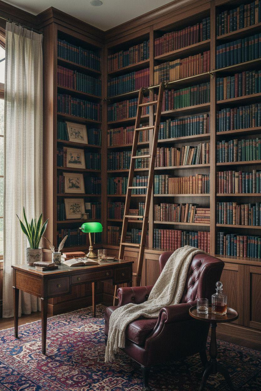 Home Office Library Ideas - dark walnut shelves with green lamp and burgundy rug