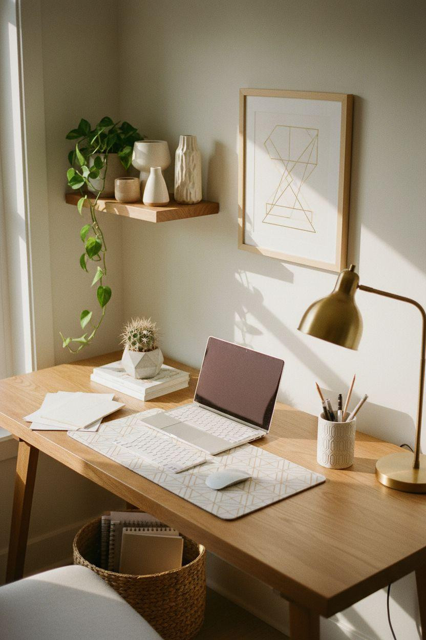 Work from home set up with geometric style and brass details