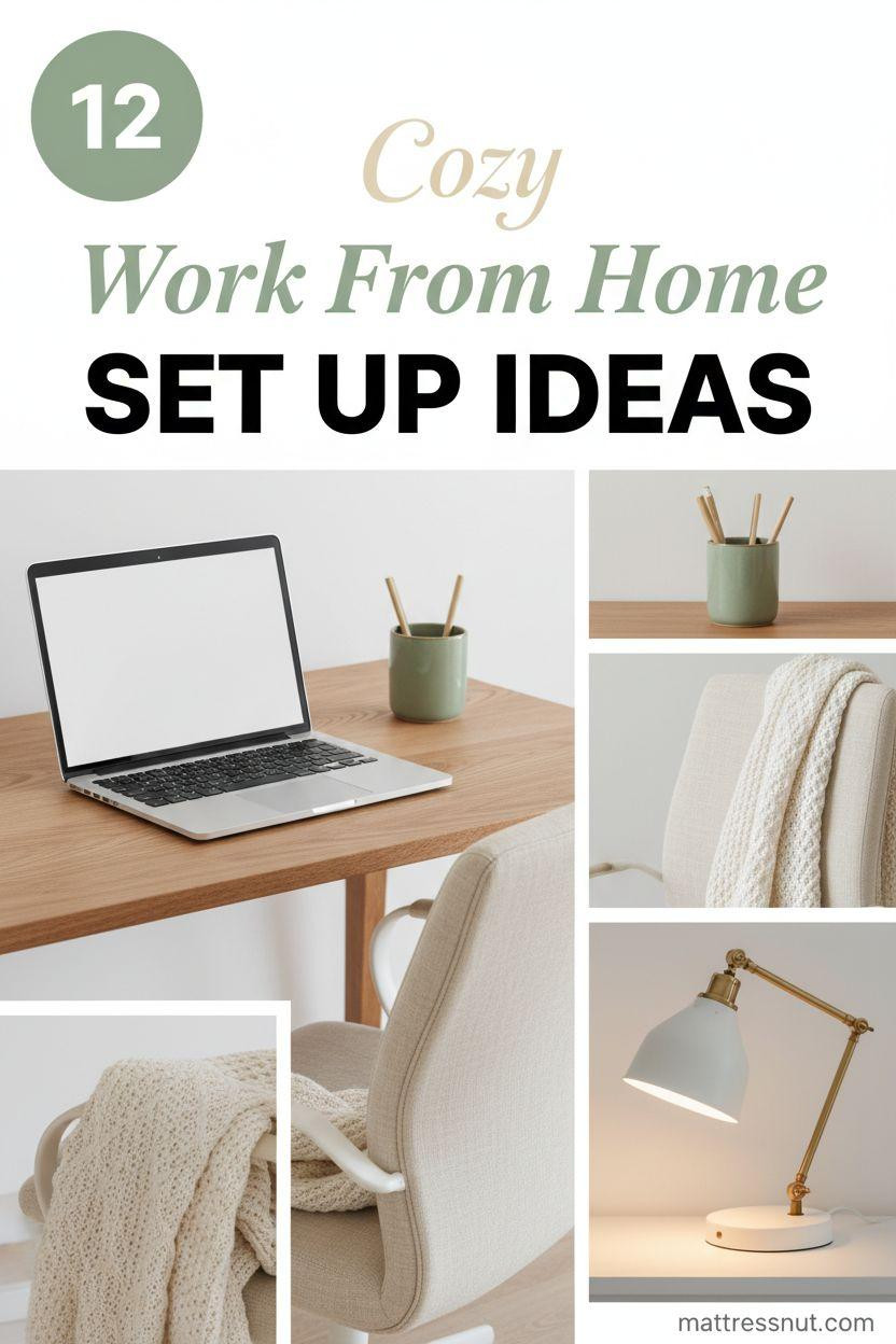 Circular sage green badge with bold white '12' centered, paired with elegant 'Cozy' script, italic 'Work From Home' in green, and bold 'SET UP IDEAS' text overlay. Collage showcases oak desk with laptop, cream linen chair, sage organizer with pens, ivory knit throw, and brass lamp for inspiring home office vibes on white background.