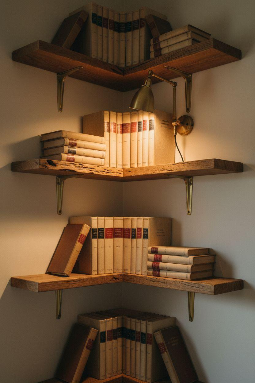 Corner bookshelf - floating oak shelves with brass reading lamp