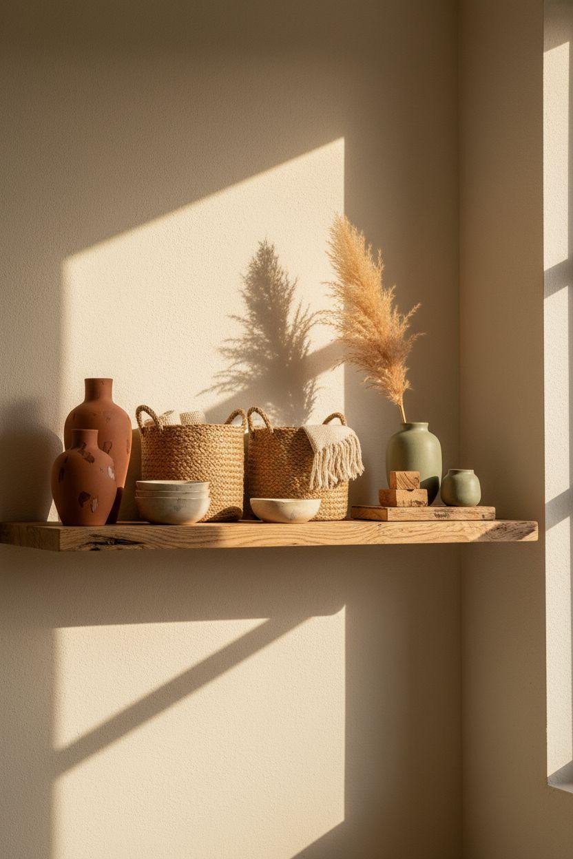 Shelf Decor Living Room - floating shelf with terracotta ceramics and woven baskets